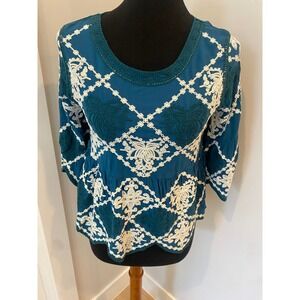 Kindred X Anthropologie Teal Blue Embroidered Top Boho Blouse Womens Medium